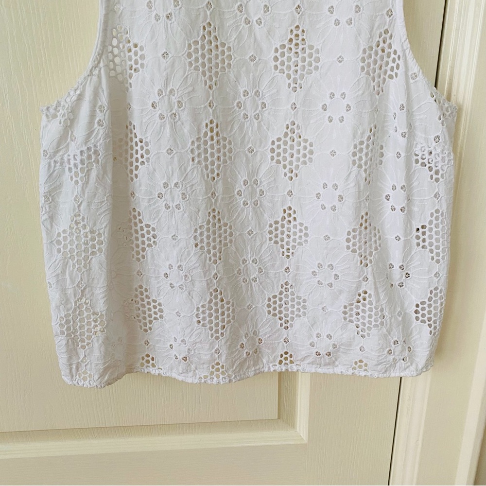 $128 NWOT J.Crew Fleur Ruffle Mock Neck White Eyelet Sleeveless Top Blouse XL - Picture 6 of 11